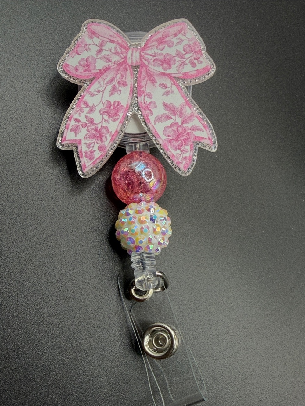 Pink Floral Bow Beaded Badge Reel (t1)